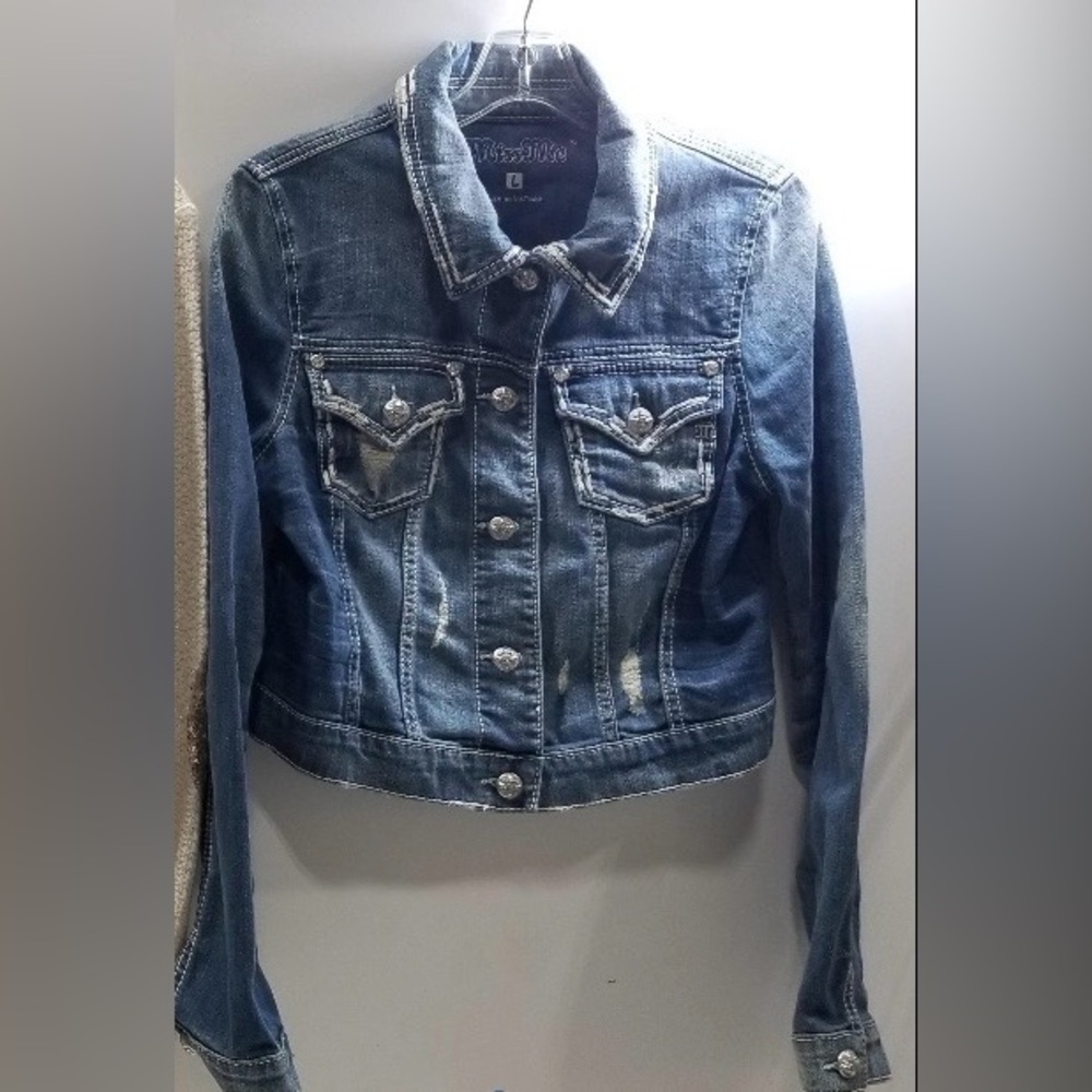 Miss Me Fluer de Lis Distressed Denim Jacket.   Size L